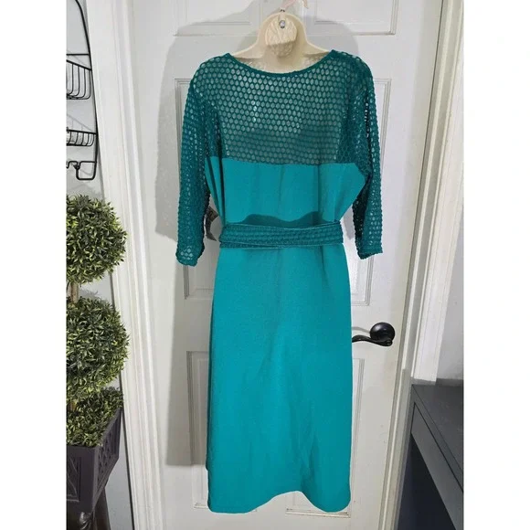 KIYONNA Teal Wrap Mesh Sleeve Sheath Dress Made in USA Size‎ 2